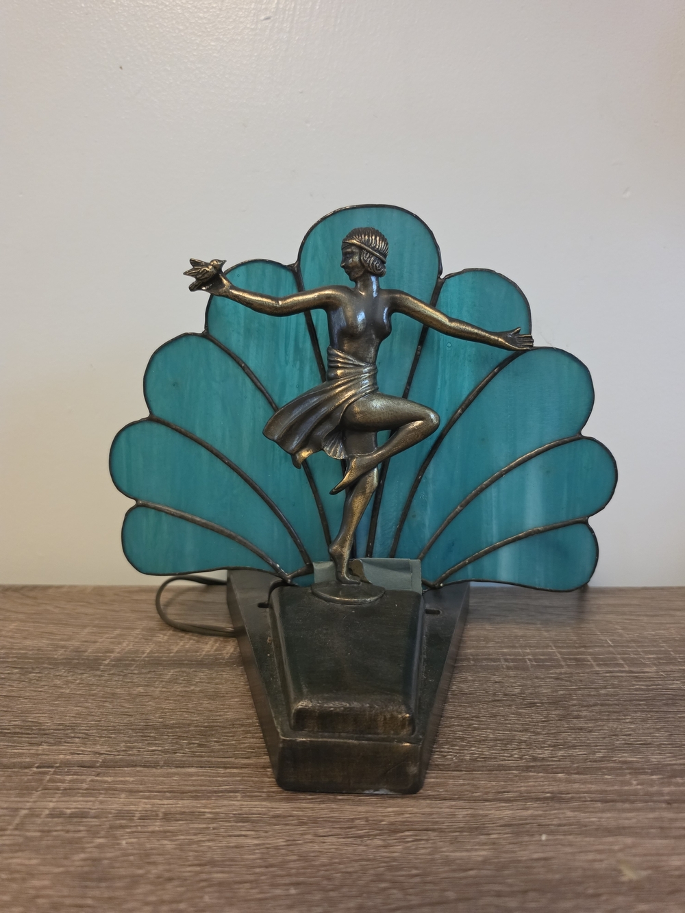 Art Deco Vintage Lamp Nude Women With Bird And Glass Fan